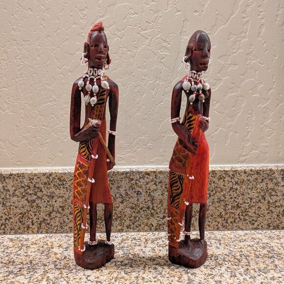 Vintage Hand Carved Wooden African Man & Woman Warrior Statues - Picture 5 of 7